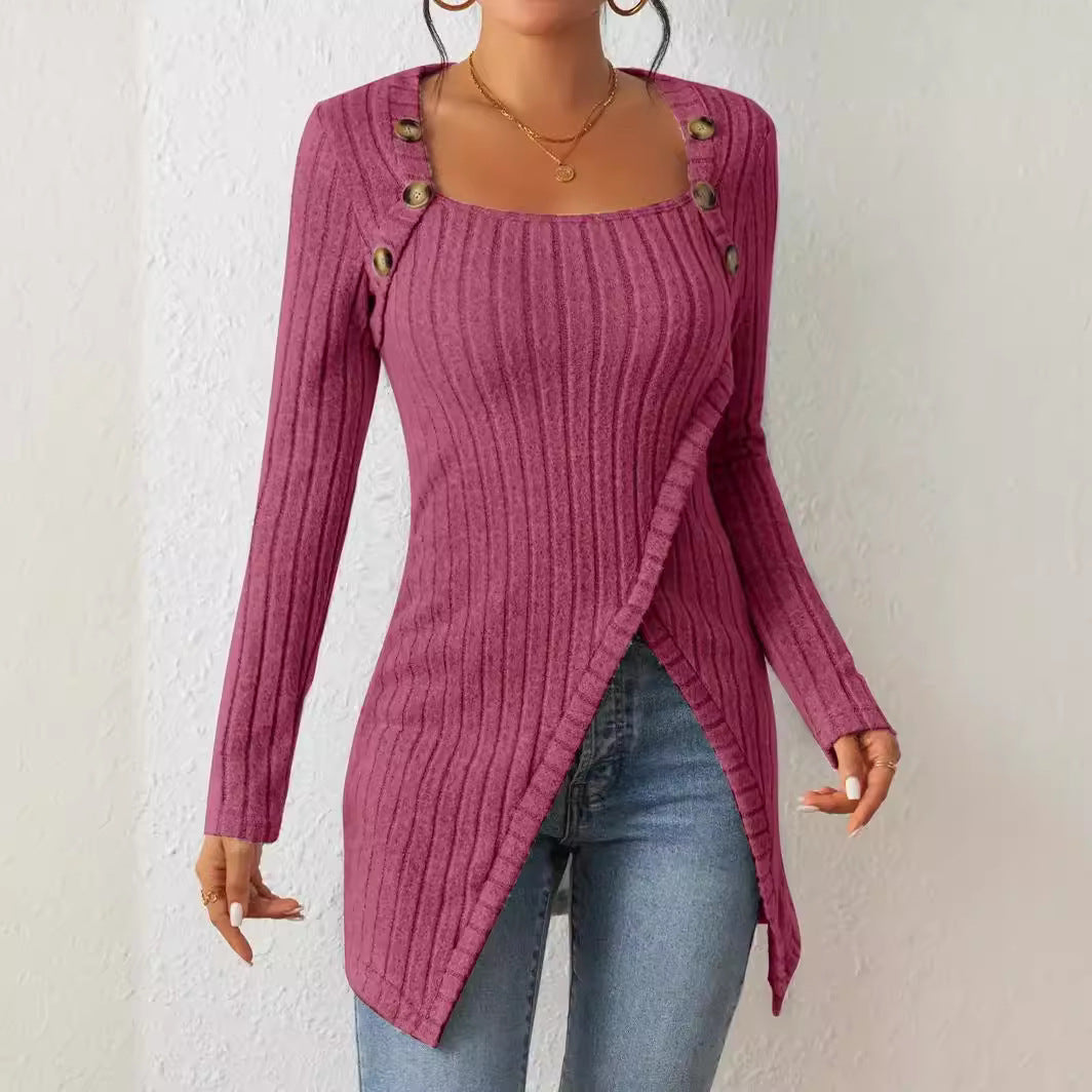 Square Collar Irregular Knitted Top With Button Design